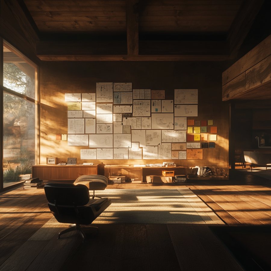 A warm, sunlit room with sketches pinned across one wall, from Day 1 of the course