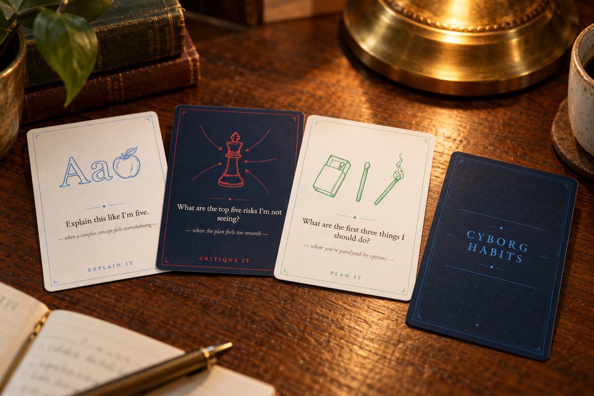 The Explain It, Critique It and Plan It cards laid out on a desk beside the Cyborg Habits card back