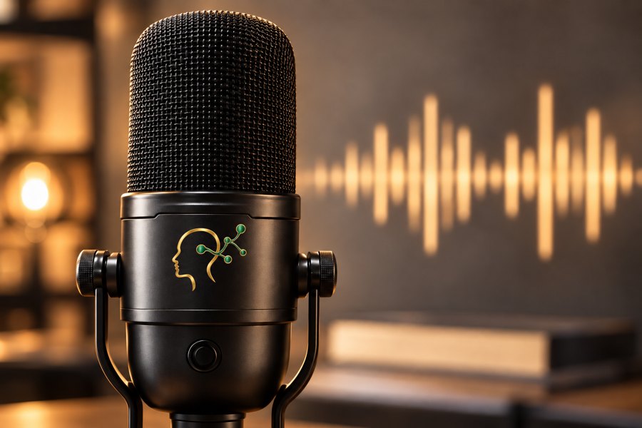 A studio microphone in a lamp-lit study