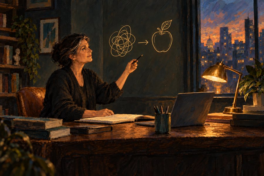 A painted scene: a woman at her desk watches a tangle of lines become a simple apple